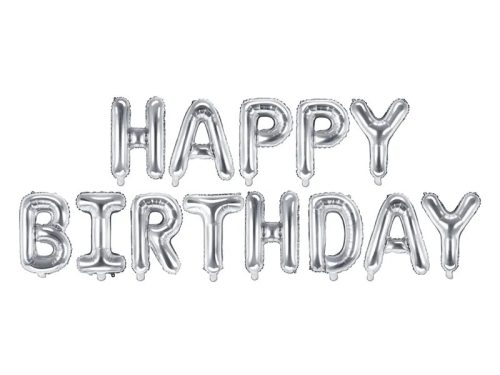 Happy Birthday felirat, ezüst 16" fólia betűk, csak levegővel tölthető