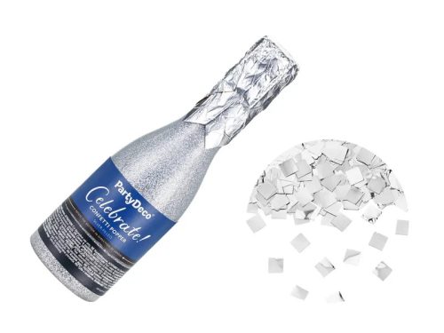 Konfetti ágyú 20cm pezsgős üveg, ezüst