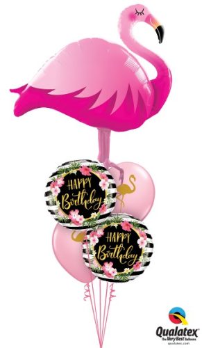 Héliumos luficsokor szülinapra, flamingo, flamingó, hibiscus, Happy Birthday - INGYENES KISZÁLLÍTÁSSAL
