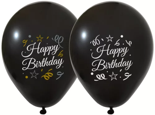 BALONEVI lufi, 12" 30cm, 50db/cs, Happy Birthday, Fekete Sparkling Confetti