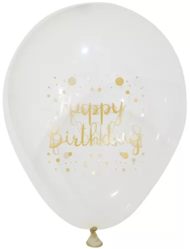 BALONEVI lufi, 12" 30cm, 50db/cs, Happy Birthday, Átlátszó, Arany felirat