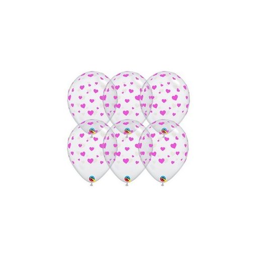 Latex lufi 11" 28cm  6db átlátszó lufi rózsaszín szív mintával, Pink Hearts Diamond Clear, q18100rp