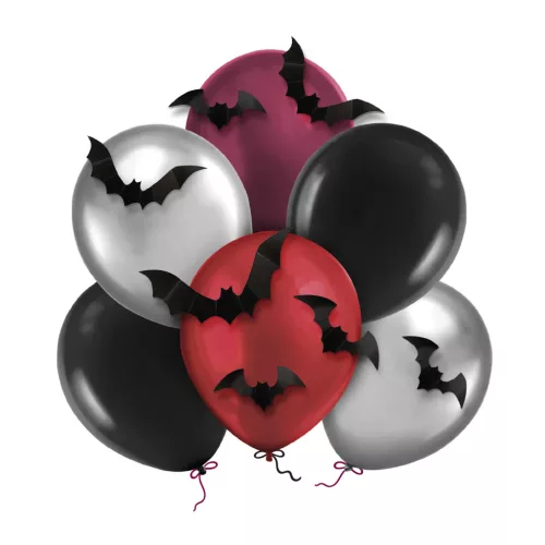 Halloween latex lufi 11" 28cm, 6db + 8db denevér dekor