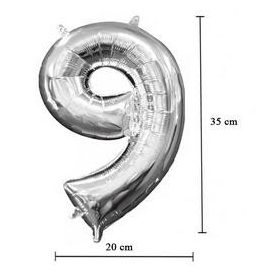   Számos lufi 14" (35cm) fólia szám, számjegy 9 levegővel tölthető, ezüst