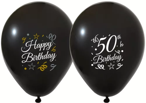 BALONEVI lufi, 12" 30cm, 50-es, 50db/cs, Happy Birthday, Fekete Sparkling