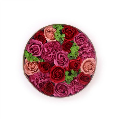 Szappanból készült virágkompozíció, szappanvirág kerek díszdobozban, Piros vintage