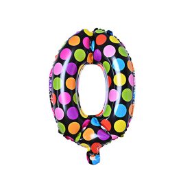   Számos lufi 14" (35cm) fólia szám, számjegy 0 csak levegővel tölthető, Fekete alapon-színes pöttyös