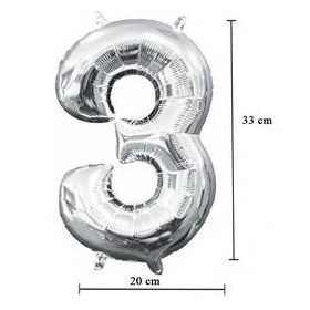   Számos lufi 14" (35cm) fólia szám, számjegy 3 levegővel tölthető, ezüst