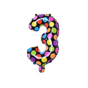   Számos lufi 14" (35cm) fólia szám, számjegy 3-as, csak levegővel tölthető, Fekete alapon-színes pöttyös