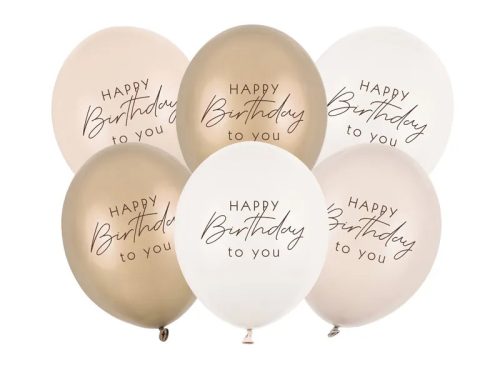 Szülinapi latex lufi 11" 28cm 6db Happy Birthday, Bézs Mix