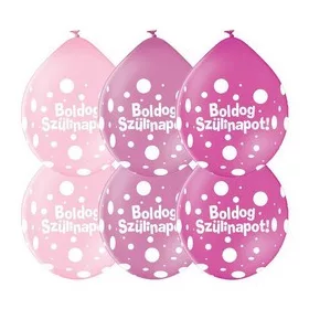   Szülinapi lufi 11" 28cm, 6db/csom, rózsaszín színek, Boldog szülinapot! Neck up
