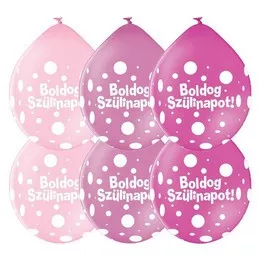 Szülinapi lufi 11" 28cm, 6db/csom, rózsaszín színek, Boldog szülinapot! Neck up