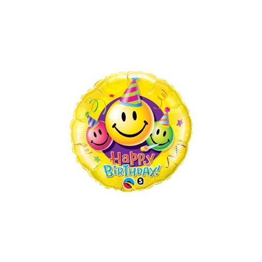 Szülinapi fólia lufi 18" 45cm Happy Birthday, Smiley, 29644, héliummal töltve
