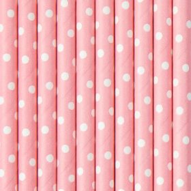 Szívószál papír, Rózsaszín, fehér pöttyös 10db