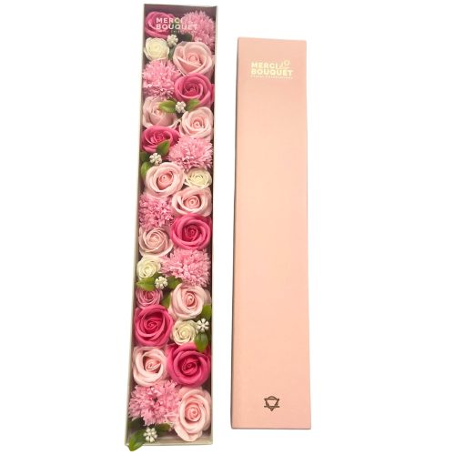 Szappanból készült virágkompozíció, szappanvirág extra hosszú díszdobozban, rózsaszín