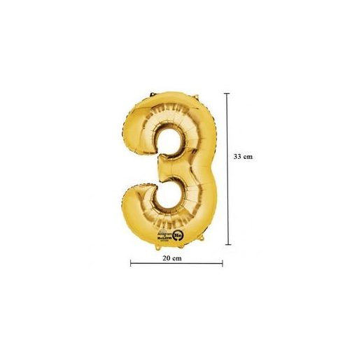 Számos lufi 16" (40cm) fólia szám, számjegy 3 levegővel tölthető, arany, 3308101