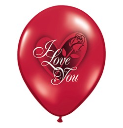 Latex lufi 11" 28cm szív, 6db, I love you, áttetsző rubinvörös, 23400