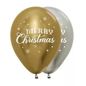   Mintás latex lufi 11" 30cm chrome arany, ezüst, Merry Christmas