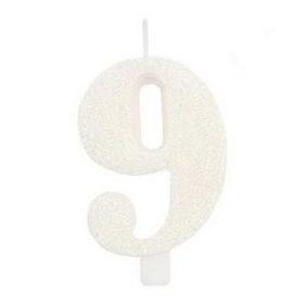 Számgyertya, csillogó fehér, 9-es, gi50809
