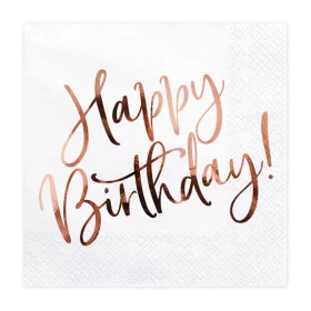   Szalvéta 33x33cm Happy Birthday, elegáns, 20db, Fehér-Rosegold