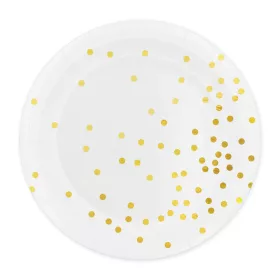 Papírtányér 23cm 6db Fehér, Arany pöttyös, konfettis