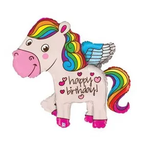 Óriás lufi 36"  91 cm Unikornis, happy birthday felirattal, héliummal töltve