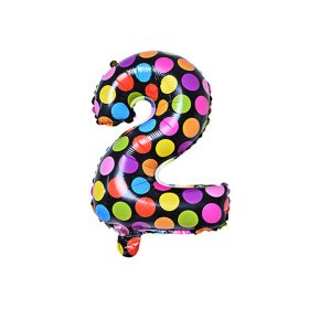   Számos lufi 14" (35cm) fólia szám, számjegy 2-es, levegővel tölthető, fekete alapon-színes pöttyös