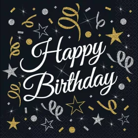 Szalvéta 33x33cm Happy Birthday, 20db, Elegáns