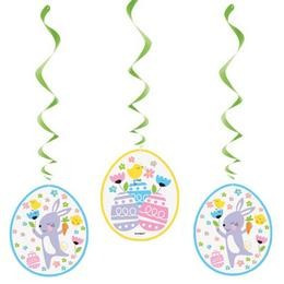 Spirális függő dekor 3 db, nyuszi és tojás mintával, Húsvét