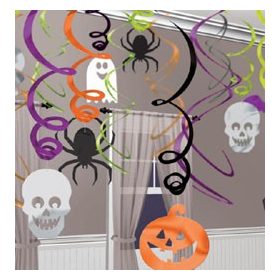   Koponyák, Tökök És Pókok Spirál Függő Dekoráció Halloweenre, 30 db-os