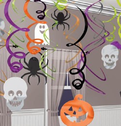 Koponyák, Tökök És Pókok Spirál Függő Dekoráció Halloweenre, 30 db-os, a679468