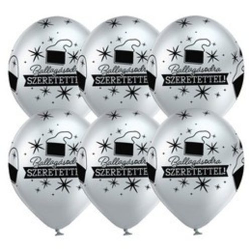Ballagási latex lufi 11" 28cm Ballagásodra szeretettel!, Chrome, ezüst, 6db