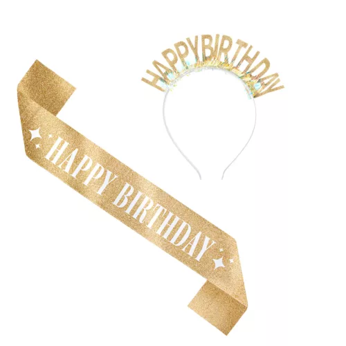 Vállszalag és fejpánt szett Happy Birthday, Arany