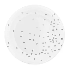Papírtányér 23cm 6db Fehér, Ezüst pöttyös, konfettis