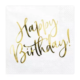   Szalvéta 33x33cm Happy Birthday, elegáns, 20db, Fehér-Arany