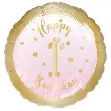 Szám, Számos lufi 18" 45cm - Happy 1-st Birthday, 1-es lufi, Rózsaszín