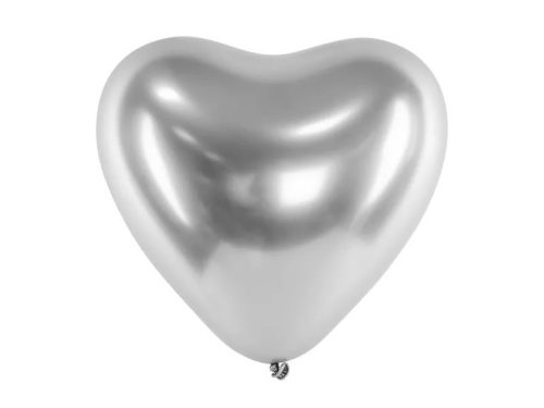 Latex lufi 11" 28cm chrome, Glossy ezüst szív - 50db/csomag