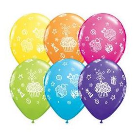   Szülinapi latex lufi 11" 28cm 6db Sütemények, Ajándékok Lufi - Cupcakes and Presents, q31227rp