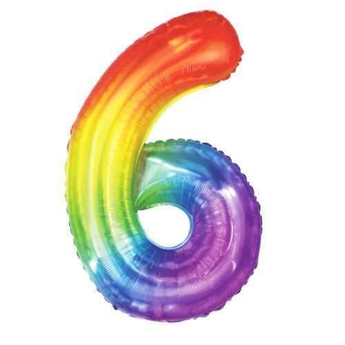 Számos lufi 34" 86cm óriás Rainbow, szivárvány, fólia szám, számjegy 6-os