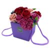 Szappanból készült virágkompozíció, lila-bordó színben, 16x14x14 cm, szappanvirág