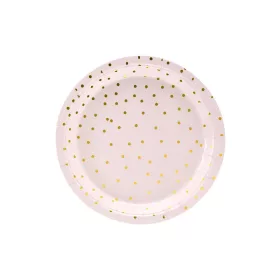   Papírtányér 18cm 6db Rózsaszín, Arany pöttyös, konfettis