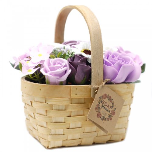 Szappanból készült virágkosár, lila színben, szappanvirág