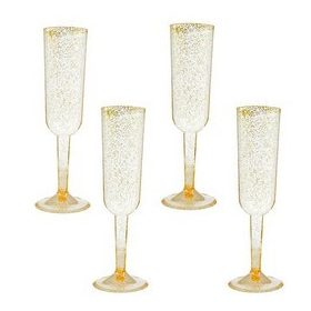 Pezsgős pohár, műanyag, 4db, Arany glitteres