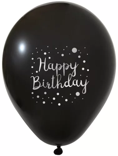 BALONEVI lufi, 12" 30cm, 50db/cs, Happy Birthday, Fekete Ezüst felirat