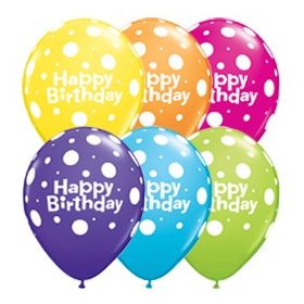   Szülinapi latex lufi 11" 28cm 6db Happy Birthday! pöttyös, polka dots, 17919