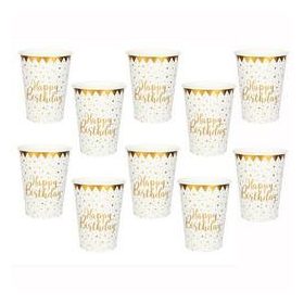   Papírpohár 2,7dl, 10db, Arany-Fehér, Happy Birthday, st6746