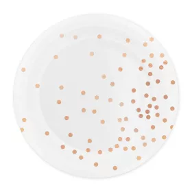  Papírtányér 23cm 6db Fehér, Rosegold pöttyös, konfettis